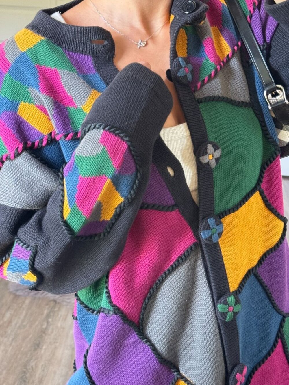 Vintage 80s Patchwork Cardigan Sweater Sz 2 Colorblock Whimsical Y2K Art Teacher - Picture 2 of 12